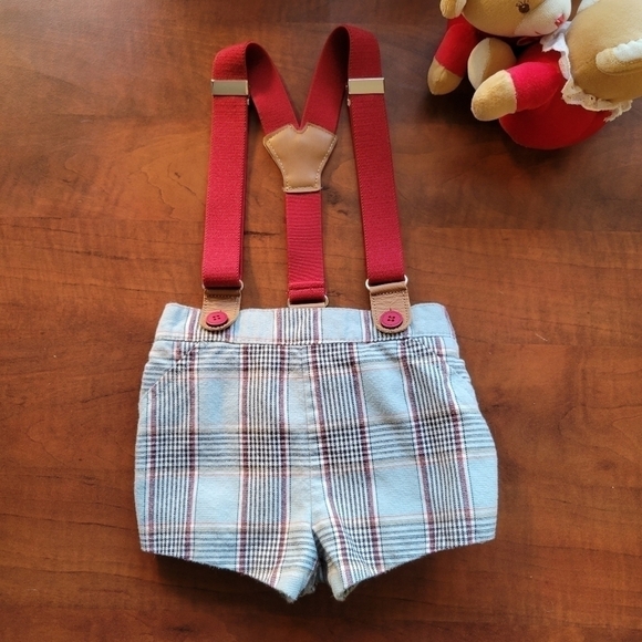 𝅺Marta y Paula Baby Boy Checked Shorts with Suspenders Size 6 Months 100% Cotto - Picture 1 of 7